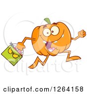 Poster, Art Print Of Happy Pumpkin Character Running With A Trick Or Treat Halloween Candy Basket