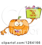 Poster, Art Print Of Happy Pumpkin Character Holding Up A Trick Or Treat Halloween Candy Basket