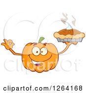 Clipart Of A Happy Pumpkin Character Holding Up A Pie Royalty Free Vector Illustration