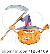 Clipart Of A Pumpkin Character Wearing A Witch Hat And Holding A Scythe Royalty Free Vector Illustration