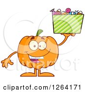 Poster, Art Print Of Happy Pumpkin Character Holding Up Halloween Candy