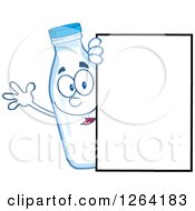 Clipart Of A Milk Bottle Character Waving Around A Blank Sign Royalty Free Vector Illustration