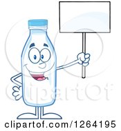 Clipart Of A Milk Bottle Character Holding Up A Blank Sign Royalty Free Vector Illustration