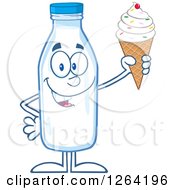 Clipart Of A Milk Bottle Character Holding Up A Waffle Ice Cream Cone Royalty Free Vector Illustration by Hit Toon