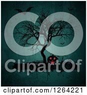 Clipart Of A Lit Jackolantern Pumpkin Under A Bare Tree With Bats On Grunge Royalty Free Vector Illustration