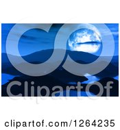 Clipart Of A 3d Blue Landscape Of Lakes And A Moon Royalty Free Illustration