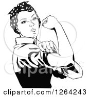 Clipart Of A Black And White Rosie The Riveter Flexing And Facing Right Royalty Free Vector Illustration by Dennis Holmes Designs #COLLC1264243-0087