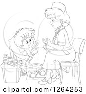 Clipart Of A Black And White Sick Boy And Female Nurse Royalty Free Vector Illustration by Alex Bannykh