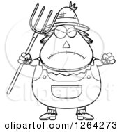 Clipart Of A Black And White Mad Cartoon Chubby Scarecrow Holding Up A Fist And Pitchfork Royalty Free Vector Illustration by Cory Thoman