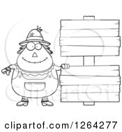 Poster, Art Print Of Black And White Happy Cartoon Chubby Scarecrow With Wood Signs