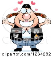 Clipart Of A Chubby Loving Caucasian Biker Chick With Open Arms And Hearts Royalty Free Vector Illustration