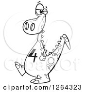 Clipart Of A Black And White Cartoon Dinosaur With A Number Four On His Tummy Royalty Free Vector Illustration