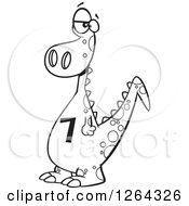 Clipart Of A Black And White Cartoon Dinosaur With A Number Seven On His Tummy Royalty Free Vector Illustration