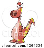 Clipart Of A Cartoon Red Dinosaur With A Number Seven On His Tummy Royalty Free Vector Illustration