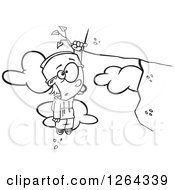 Black And White Cartoon Boy Hanging From A Weed On A Cliff