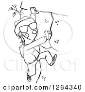 Clipart Of A Black And White Cartoon Boy Climbing A Mountain Royalty Free Vector Illustration