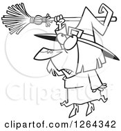Clipart Of A Black And White Cartoon Halloween Witch Hanging From Her Broomstick Royalty Free Vector Illustration