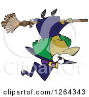 Poster, Art Print Of Cartoon Green Halloween Witch Flying Upside Down