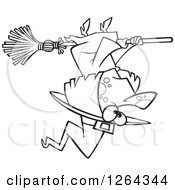 Poster, Art Print Of Black And White Cartoon Halloween Witch Flying Upside Down