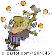Cartoon Talented Frankenstein Juggling And Riding A Unicycle