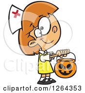 Cartoon Caucasian Girl Trick Or Treating In A Nurse Halloween Costume