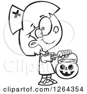 Poster, Art Print Of Black And White Cartoon Girl Trick Or Treating In A Nurse Halloween Costume