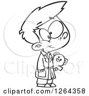 Clipart Of A Black And White Cartoon Boy Wearing Pajamas And Holding A Teddy Bear Royalty Free Vector Illustration