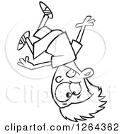 Clipart Of A Black And White Cartoon Parkour Boy Upside Down Royalty Free Vector Illustration