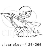 Clipart Of A Black And White Cartoon Boy White Water Rafting Royalty Free Vector Illustration