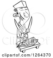 Poster, Art Print Of Black And White Cartoon Happy Japanese Male Chef With Knives And Sushi