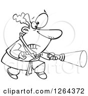 Clipart Of A Black And White Cartoon Scared Man Shining A Flash Light Royalty Free Vector Illustration