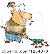 Cartoon Happy Caucasian Man Whistling And Raking Leaves