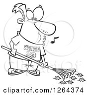Black And White Cartoon Happy Man Whistling And Raking Leaves