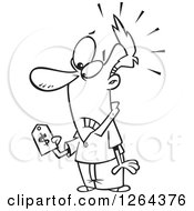 Clipart Of A Black And White Cartoon Man With Sticker Shock Holding A Price Tag Royalty Free Vector Illustration
