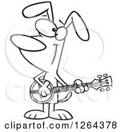 Clipart Of A Black And White Cartoon Musician Dog Playing A Banjo Royalty Free Vector Illustration