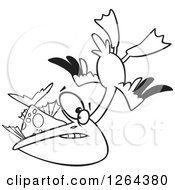 Clipart Of A Black And White Cartoon Pelican Swooping Up A Fish Royalty Free Vector Illustration by toonaday