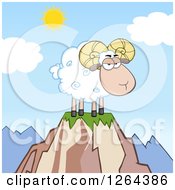 Clipart Of A White Ram Sheep With Curly Horns On A Mountain Top Royalty Free Vector Illustration