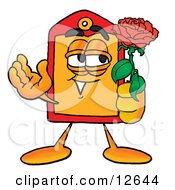 Price Tag Mascot Cartoon Character Holding A Red Rose On Valentines Day