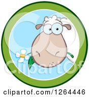 Poster, Art Print Of Sheep Eating A Flower In A Green And Blue Circle Design