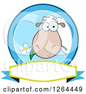Poster, Art Print Of Sheep Eating A Flower In A Blue Circle Over A Banner