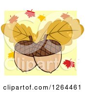 Clipart Of Acorns With Autumn Oak Leaves Over Yellow And White Royalty Free Vector Illustration by Hit Toon