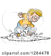 Poster, Art Print Of Cartoon Cacucasian Boy Playing In A Puddle