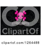 Poster, Art Print Of Pink Girly Heart Eye Socket Skull And Crossbones Over A Gray Ribbon Banner On Silhouetted Branches