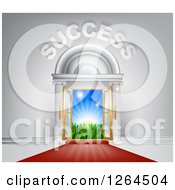 Poster, Art Print Of 3d Success Over Open Doors With A Red Carpet Light And A Field