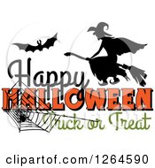 Clipart Of A Bat And Witch Over Happy Halloween Trick Or Treat Text Royalty Free Vector Illustration