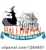 Clipart Of A Witch And Spiderweb With Happy Halloween Trick Or Treat Text Royalty Free Vector Illustration
