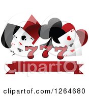 Clipart Of Triple Lucky Sevens With Playing Cards And Shapes Over A Blank Banner Royalty Free Vector Illustration