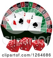 Clipart Of A  Roulette With Playing Cards And Dice With A Blank Banner Royalty Free Vector Illustration