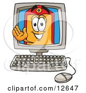 Clipart Picture Of A Price Tag Mascot Cartoon Character Waving From Inside A Computer Screen