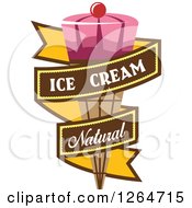 Clipart Of A Pink Waffle Ice Cream Cone In A Yellow Natural Ribbon Banner Royalty Free Vector Illustration